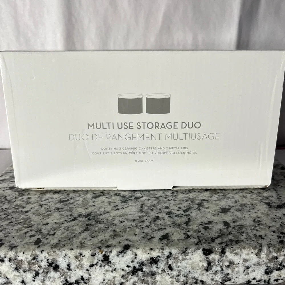 Multi use storage duo. Ceramic canisters and metal kids. New in box.